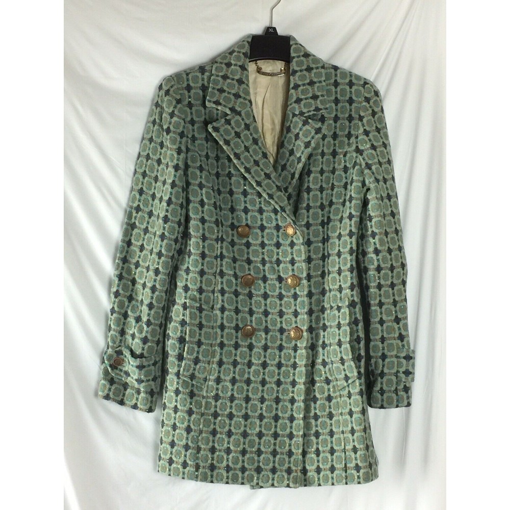 Jucy Couture Jacket Double Breasted Green/Blue Wool Blend Textured Size M Flaw